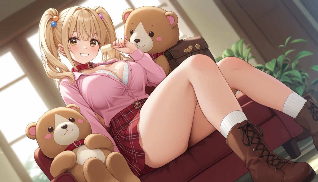 semi realistic, sexy 24 year old college student, thigh high socks, leopard print bikini, ((/microbikini/)), bare midriff, medium perfectly round breasts, cleavage, body, golden hour lighting, focus between legs, spreading legs, sitting in a chair, dutch angle, classroom, highest quality, (high ponytail)