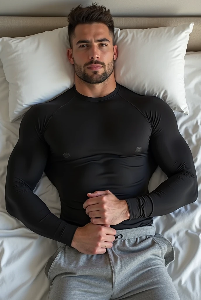 natural farther、American male、very handsome、abs、Pectoral muscle、 underwear、body hair、full-length picture,in the bed