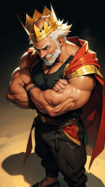 A powerfull old king flexing his biceps at the palace, um rei poderoso, alpha male, bodybuilder, very muscular, 50 years old, very detail face, detail eyes, lorde imponente, wearing a cleavage tank top royal armor and a speedo undewear, very detail armor, very large pectorals, massive pectorals, muscular chest, olhando para o espectador, pose imponente, olhos de cor azuis, grey short hair, sexy grey beard, he is training with the sword, ele tem big bulge, he is laughing, Obra-prima maravilhosa altamente detalhada, beautiful cinematic light deep focus, elegante, pintura digital, liso, sharp focus, golden ratio, dramatic lighting, 8k, pixiv, bara