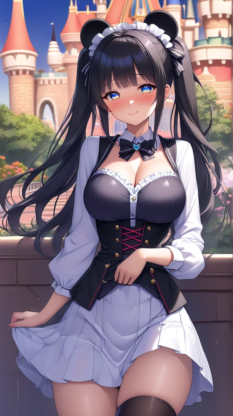 A beautiful girl in a corset and stockings posing for a photo, anime girl, flower garden with wooden benches, blue sky with white clouds, big rounds breasts, choker with bell, strapless corset, thigh highs, lace panties, beautiful detailed face and eyes, perfect anatomy, dark brown hair, long bangs, long hair, wavy hair, expressive hair, shiny hair, tied hair, hairclip, jewelry, lolita hairband, aqua eyes, glowing eyes, pupils sparkling, earrings, red lips , glossy lips, shy, embarrassed, blush, nervous, high detail, anime, anime style, cinematic lighting, image fill, framed, head out of frame, pov, multiple views, perspective, panorama, lens flare, Wide-Angle, f/1.8, 85mm, Nikon, 8k, super detail, UHD, retina, masterpiece, accurate, anatomically correct, textured skin, high details, best quality, highres, 16k