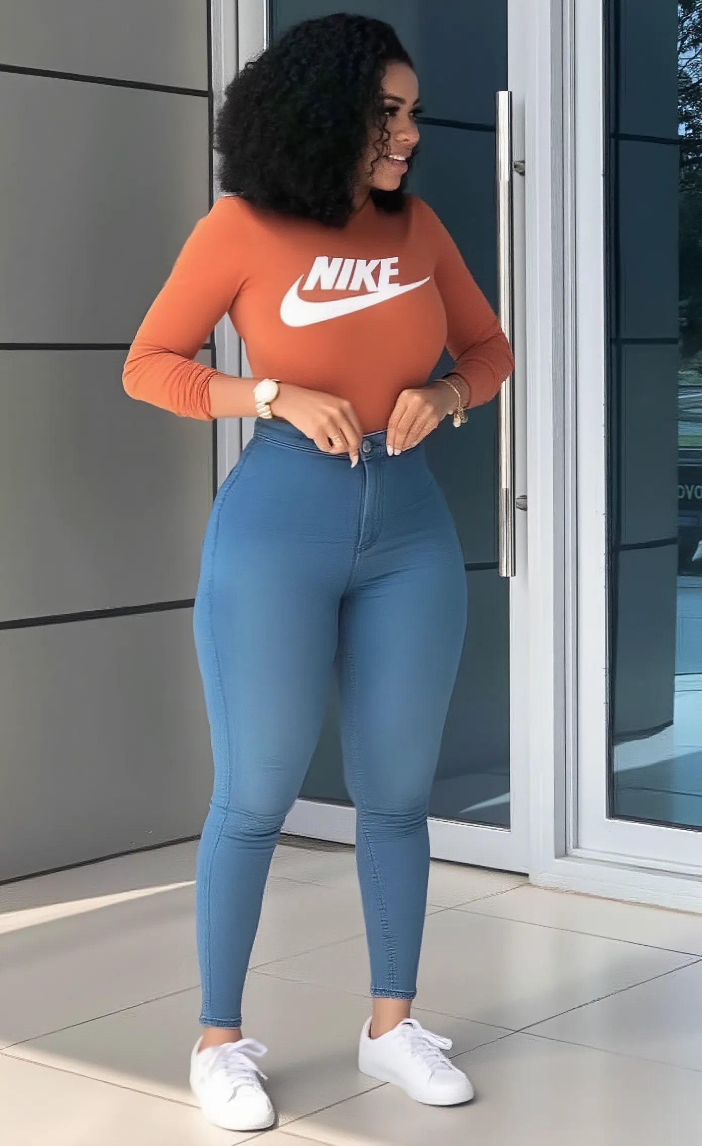 Arabic teacher in school, curvy body, very detail ,wide hips, loong legs ,thick high, full body in camera, wearing Sports shoes, Wearing jogging shorts clothes and a small pale blue crop top