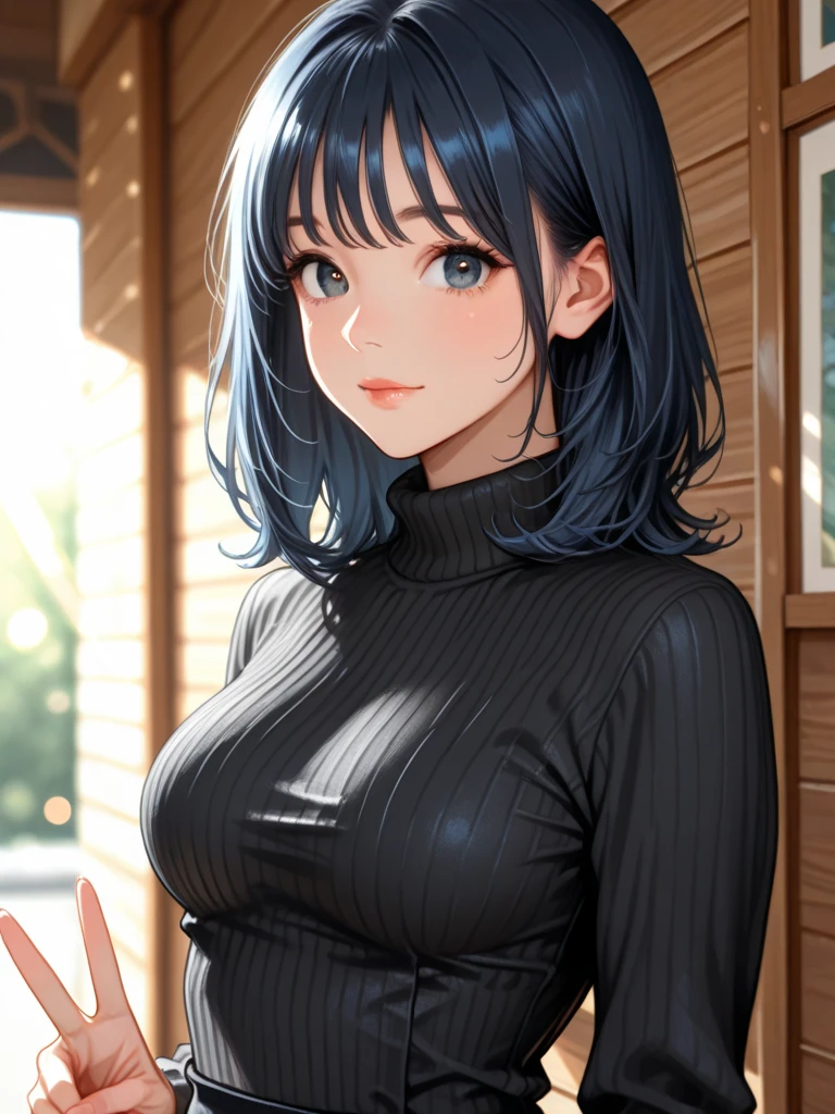 /(modern house indoors/), 1lady solo, mature female, /(blue ribbed sweater/), /(black hair/) bangs, blush kind smile, (masterpiece best quality:1.2) delicate illustration ultra-detailed, large breast