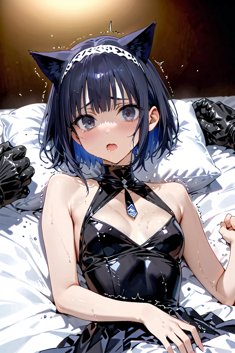 Hands Behind Back,Tied with hands behind back,lick,open mouth,tongue out,cum on tongue,front face,from front,front view,looking at viewer, looking ahead,from above,cowboy shot,1girl,Beautiful girl at 13 years old,Japanese,Slender,,low length,Small breasts,Thin legs,Small Ass,Baby Face,Small face,Black Hair,Short Twin Tails,Black blindfold,blindfold,middle School girls,A see-through black and blue negligee,lingerie,Collar with leash,Kneeling,Straight Stand,Beautiful and detailed anime art,Mischievous smile,Sexy vibe,Dimly lit room,On the bed,Simple Background,Gray background,Low lighting,