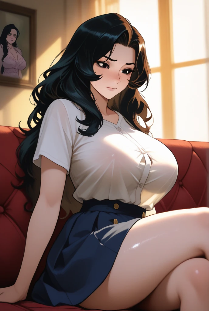 (masterpiece, best quality:1.2), 8k, woman, solo, long hair, brunette, tifa lockhart, looking at viewer, sofa, big tits, cleavage, white top, black skirt, surprised