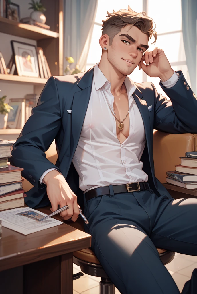 (best quality), realistic portrait of a nerdy Arab male supermodel with a double cleft chin, (reading_glasses) reading a book shirtless in a cafe.