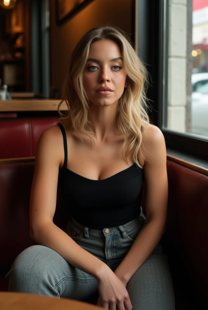 (8k, RAW photo, best quality, masterpiece: 1.2) photo of a woman (happy facial expression), ultra-textured skin, face turned to the camera, full face, goosebumps, curly blonde hair, white tank top covered by a sports jacket and black jeans, happy shot , light and bright gym with fun people and hidden wonders, full length, perfect blue eyes (lamp, chiaroscuro), sitting in a 90's diner, Porta 160 color, shot on Canon 7D, bokeh, Lee Jeffries, nikon d850, stock photography film ,4 Kodak Portra 400, f1.6 camera lens, vibrant colors, hyper-realistic, realistic texture, dramatic lighting, 800 cinematic frame.