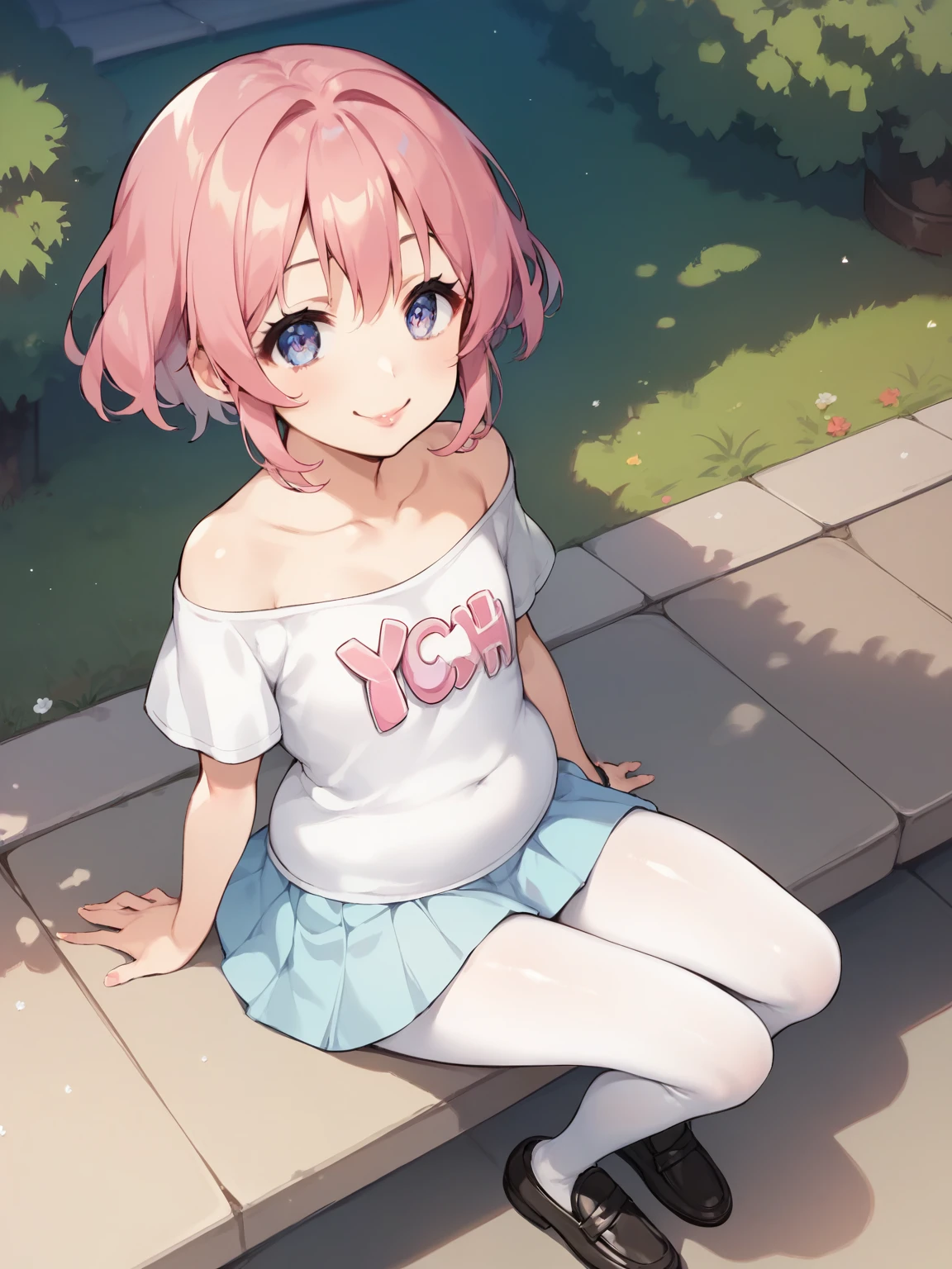 best quality, 1girl, sayori, portrait, solo, (light blush:0.5), (blush:0.2), short hair, pink hair, blue eyes, (small breasts:1.1), smile, (petite:0.5), 14 years old, (loli:1.8), sketch, (pink t-shirt:1.5), no bra, hair bow, red bow, (blue skirt:1.3), (nipple outline:0.9), (covered nipples:1.5), sunlight, sun beams, sitting on grass, sitting down, park, surrounded by flowers, (evening setting), sweet expression, (sfw:0.7), (ecchi:1.2), happy, (white panties:1.4), cameltoe