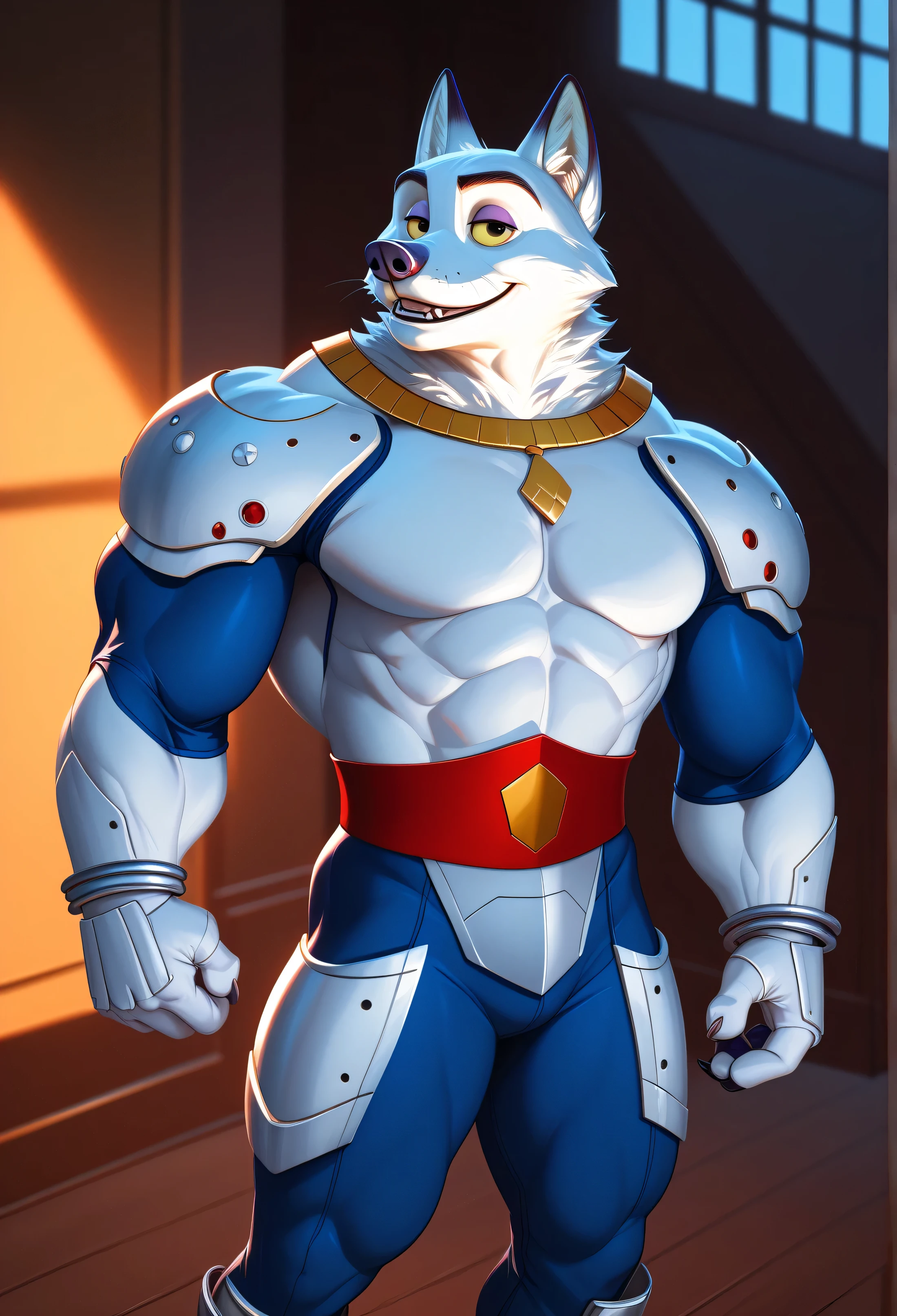 (score_9, score_8_up, score_7_up, score_6_up) BREAK (furry, source furry, uploaded on e621) BREAK robot, android, android skin, barcode tattoo, barcode tattoo on the body, (broken neck:1.2, damaged belly:1.2, cracked arms:1.2), cracked chest, solo, male, young, nude, athletic, thin waist, white arctic fox, white fur, short messy dark blue hair, cute young face, talking, black mouth, canine teeth, glowing blue robot eyes, hard nipples, black speedo, belt, holster, mechanical components, blue mechanical parts, gun, handgun, holding handgun, hand holding handgun, fight, fighting, action pose, fighting in the factory, taking cover, taking cover behind a wall, leaning into a wall, futuristic factory, futuristic factory background, angry expression, looking away, BREAK good quality, best quality, high quality, high definition, hd, 4k, 8k, masterpiece, good proportion, perfect proportion, good anatomy, perfect anatomy