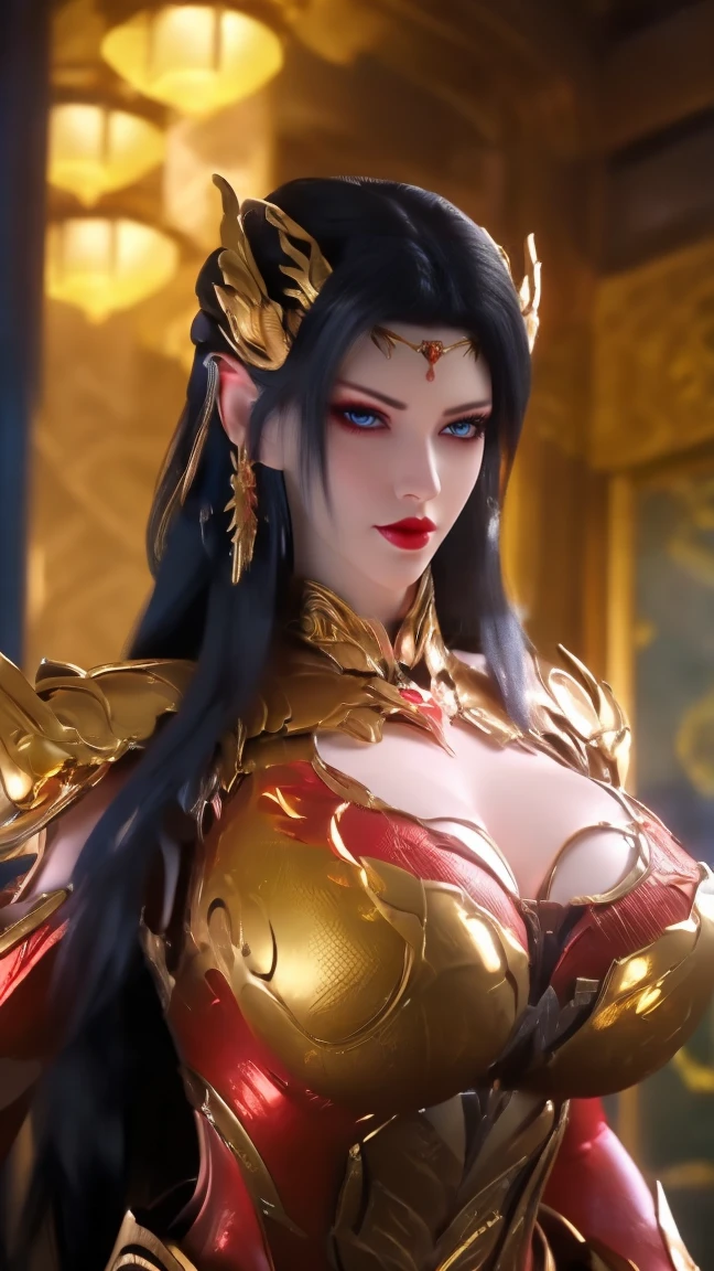 PORTRAIT,UPPER BODY,CLOSE UP HALF BODY,SOLO,(BEAUTY BLACK HAIRSTYLE,PHOENIX GOLD HELM), (GIGANTIC FAKE BREAST,CLEAVAGE,MUSCLE ABS:1.5), (WEARING RED and BLACK MECHA SHINY FUTURISTIC MECHA SKINTIGHT MINI BIKINI:1.5),(NSFW SLENDER BODY MATURE WOMAN:1.5), (SWEATY GLOSSY BODY:1.5), (LOOKING AT VIEWER:1.3),(HALLROOM OF FUTURISTIC SPACE STATION:1), (PHOTOREALSITIC:1.4), (ULTRA-DETAILLIERT), (TOP-QUALITY), (BEST SHADOWS), (MASTERPIECE), BRIGHT LIGHT IN ROOM, HYPER TEXTURE, (4X MSAA), ((UNREAL ENGINE 5 RENDER)), PHYSICALLY-BASED RENDERING, ULTRA HIGHT DEFINITION, 16K, 1080P.