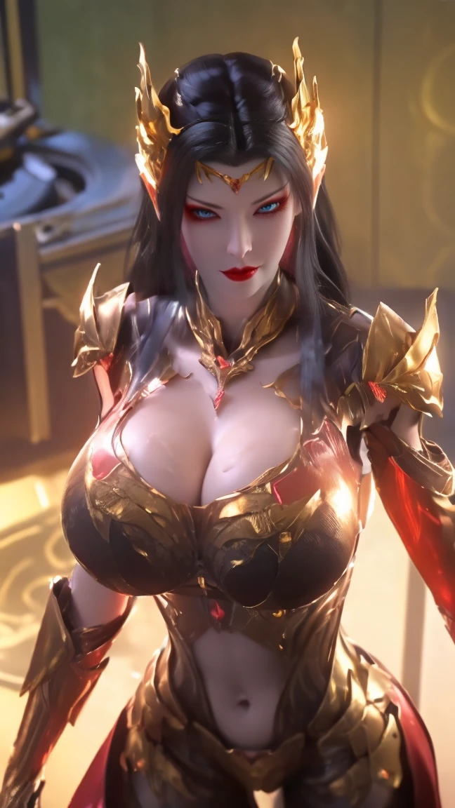 AI GIRL,SOLO,UPPER BODY CLOSE UP, ((BEAUTY BLACK HAIR)), (GIGANTIC FAKE BREAST:1.5), ((NSFW CLEAVAGE:1.5)), (MUSCLE ABS:1.3), (LED RED GOLDEN SHINY FUTURISTIC MECHA CYBER CROP TOP, BLACK MECHA SKINTIGHT LEGGINGS,PORTRAIT:1.5), (MUSCULAR PERFECT BODY MATURE WOMAN, SWEATY BUSTY BODY:1.2), (LOOKING AT VIEWER:1.3), (female focus:0.8), (HALLROOM OF FUTURISTIC SPACE STATION:1), (BRIGHT LIGHT WHITE_ROOM:1.3), HYPER TEXTURE, (4X MSAA), ((UNREAL ENGINE 5 RENDER)), PHYSICALLY-BASED RENDERING, ULTRA HIGHT DEFINITION, 16K, 1080P.