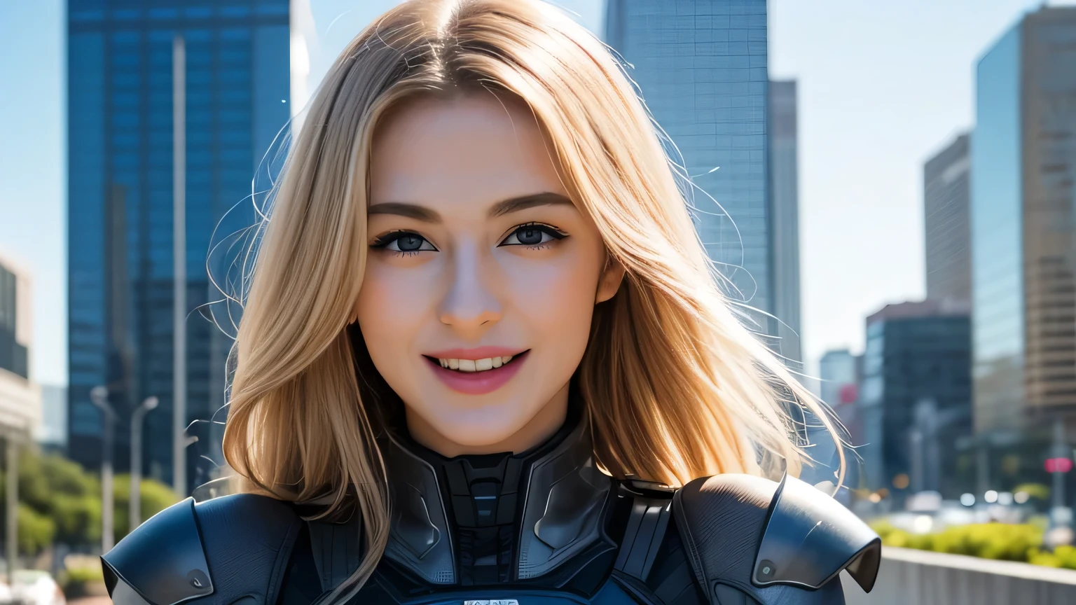 Upper body shot of an 18-year-old young and beautiful white beauty half model with blue eyes and platinum blond hair making fun facial expressions,walk,Platinum blonde hair is impressive,Impressive blue eyes,Blue eyes shining brightly,Staring into the distance and laughing, opening blue eyes wide ,so that the face fits in the frame,head fits in frame, So that the hair fits in the frame,winking at the camera with a smile,Impressive blue eyes,(I'm surprised to open my eyes wide), her hands are raised like they were surprised、Her palms are open,with her mouth open and it looks like she's trying to say something,Big city background with a skyscraper standing towering,Skyscrapers line up beside a wide road that stretches straight out,I can see the blue sky,A large European city can be seen,her eyes are bright blue、wearing a heavily equipped Android suit that covers her whole body, The collars are zipped up to the neck, blonde white beauty half model wearing a high-neck armored protector,The collar closes to the neck,small breasts,Xiaoyan, ( lots of semen on his tongue ), (lip gloss, long lashes, Shiny surface, shiny skin), celebration, real skin, UHD, high details, The 8k , very detailed VFX portrait, Highest Quality,eyeliner, ((Pointy Nose)),real photo, High Quality Photography,realistic,Extreme Detailed Description,professional,4K resolution,HDR,Studio Lighting,extremely detailed depiction,bokeh,celebration,so that the face, head, hair, hands, arms, and body fit in the frame, from the side