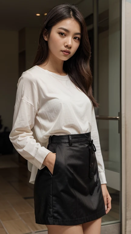 Original hyper realistic photo of An average looking 24-year-old Japanese girl, 158 cm in height and 55 kg in weight. With jet-black hair, which is long and smooth. A slightly creamy-toned skin. Big, brown, round eyes. Does not wear glasses. Has a sharp nose and a small, sweet mouth. A slender body. Dressed well.