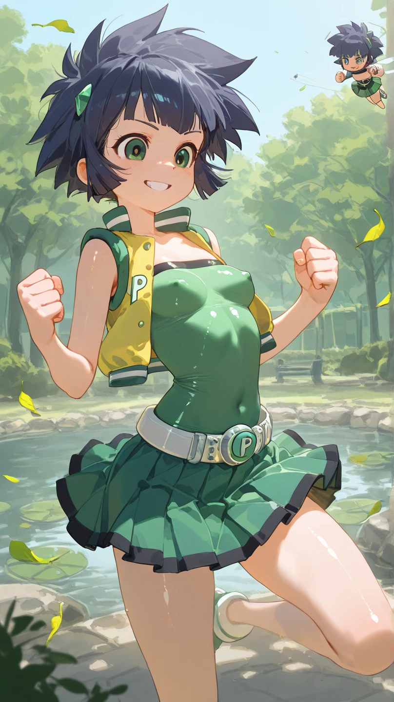 masterpiece,best quality,1girl,ppgzbtc,green eyes,short hair,earrings,yellow vest,green skirt,grin,confident,fighting stance,boxing pose,simple background,cowboy shot,<lora:PPGZ-Powered_Buttercup:1>,