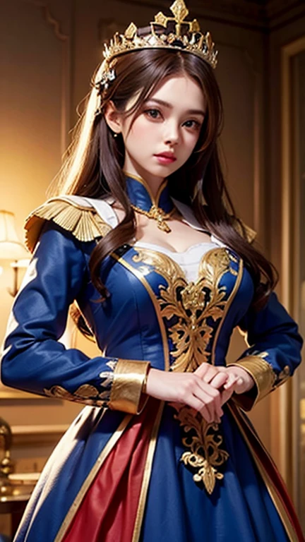 Depict Miss Fortune in her 'Waterloo' skin from League of Legends by Riot Games,massive k-cups, She’s dressed in a regal, historical military outfit with gold and blue accents, featuring a tricorn hat, a detailed military coat with epaulets, breeches, and elegant pistols with ornate designs, evoking the grandeur of a historical battlefield.