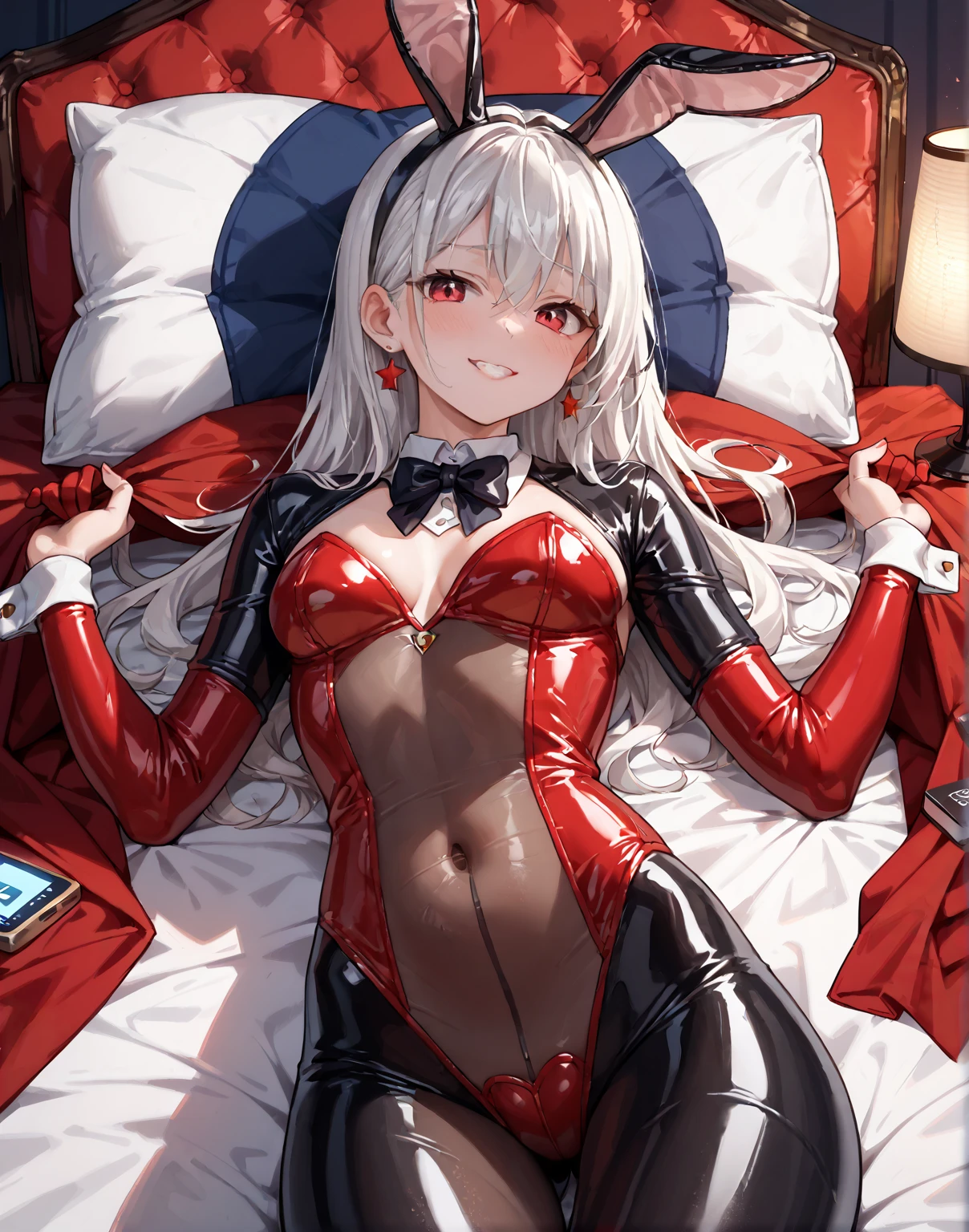 Perfect human body, Beautiful Face, Beautiful long silver hair, Beautiful brown skin, Red Glasses, Golden Bunny Suit, Red leather hot pants, White thigh-high boots, Provocative facial expression, Heart Earrings, Small devil, Beautiful Hands, Beautiful fingers, Beautiful legs, like