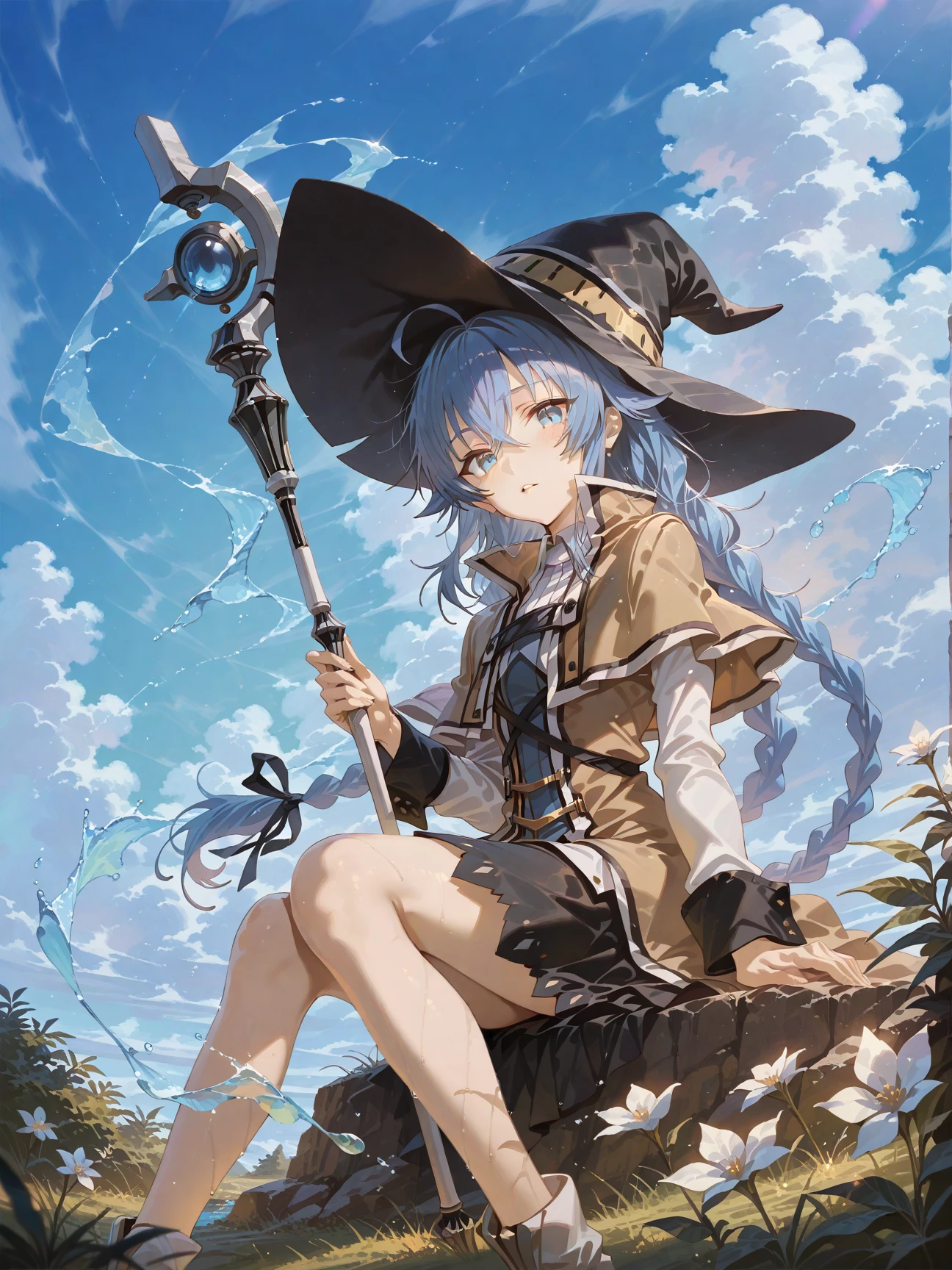masterpiece, ultra detailed background, delicate pattern, intricate detail, highly detailed, fine details, best quality, studio lighting, 4K, 8K,
1girl, smile, (witch hat:1.2), blue eyes, blue hair, twin braid, twintails, (brown coat:1.1), cape, robe, braided ponytail, knee boots, witch, raise staff, staff pointer to sky, black socks, hair ribbon, ribbon, socks, opened mouth, Alps, (grassland:1.2),
magic circle, magic effect, (storm:1.3), cinematic angle, realflow,
looking at sky, (cowboy shot:1.3),
<lora:RoxyMigurdiaNDV:0.8>, RoxyMigurdiaNDV,
<lora:add_detail:0.6>,
<lora:zoom_slider_v1:-2>,
<lora:detail_slider_v4:2>,
<lora:GoodHands-vanilla:0.8>, <lora:realflowV6:0.45>