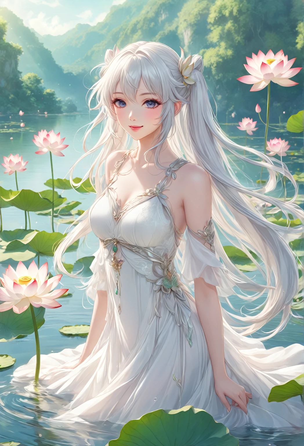 strybk, Underwater!!! (character) a gorgeous womam as sea goddess (dressed in silk white tunic), full image, long shot angle, perfect face, detailed big blue eyes, smooth face, soft makeup, smooth skin, perfect arms and hands, (((centered))), in the water, in the pond with lilies, dreamlike, symmetrical, soft studio lighting, masterpiece, hyperdetailed, fabulous art, ethereall painting, fantasy, flowers, epic, 32k, highly sharp, intricate details, sharp focus, colors smooth, muted colors, Storybook, watercolor style, chibi style, brush strokes, epic, extremely detailed, kids story book style, muted colors, watercolor style