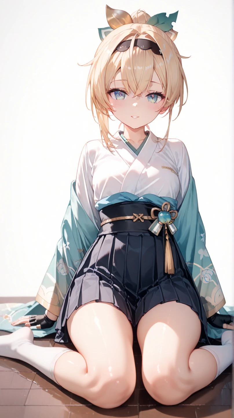 (masterpiece, best quality:1.2), expressive eyes, perfect face, highres, 1girl, solo, OkitaSouji, arm guards,wide sleeves,toeless legwear,bangs,obi, white kimono, shinsengumi, black thighighs, yellow eyes,thighhighs , short kimono, haori, black bow, black scarf, short hair, ahoge, scarf, blonde hair, hairbow,bow, kimono,japanese clothes, sitting, crossed legs, portrait, looking at the viewer