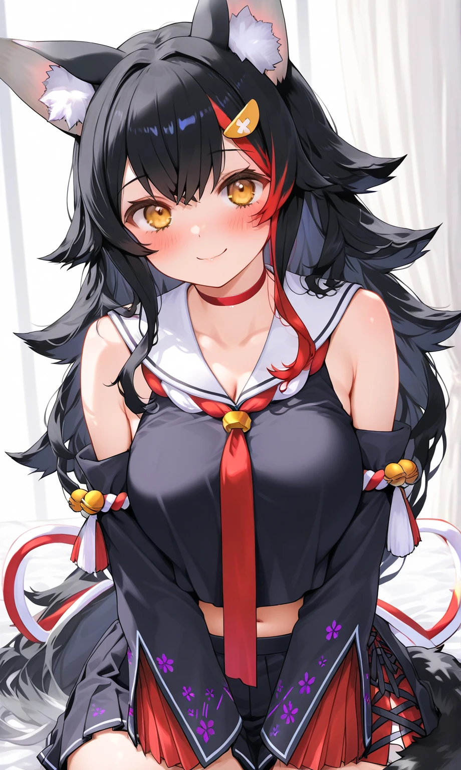 best quality, masterpiece, highres, solo, {shigure_azurlane:1.15}, animal_ears, long_hair, black_hair, red_eyes, breasts, wolf_ears, blush, ponytail, smile, fang, medium_breasts, bangs, open_mouth, tail, animal_ear_fluff, wolf_tail, nail_polish, collarbone, ribbon, 1girl, claw_pose, looking_at_viewer, midriff, school_uniform, skirt, cleavage, navel, pleated_skirt, serafuku, simple_background, white_skirt, :d, red_nails, black_bra, bra, crop_top, underwear, white_background, wristband