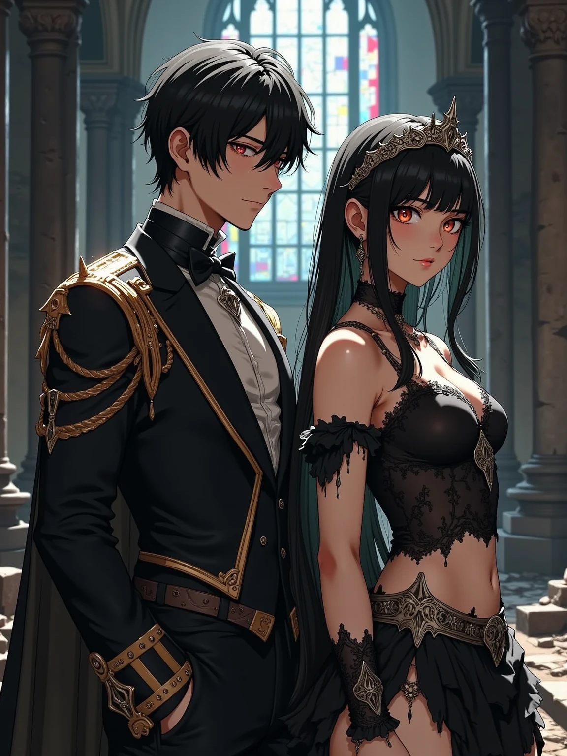 A princess with a black dress and short hair.
She is with three fun teenage ogres.
The first ogre is thin and has red hair and wears glasses..
The second ogre is muscular and bald The third is blond and very charming The princess and the three ogres were eating sweets