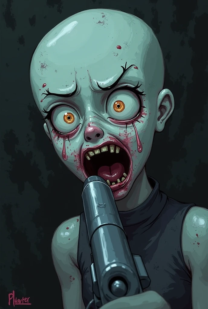create a realistic scene where a zombie with sinister eyes and exposed wounds on its body is trying to attack a person, the person attacked is holding a flashlight and wearing a backpack, the zombie is trying to bite the victim's neck but the victim is resisting.