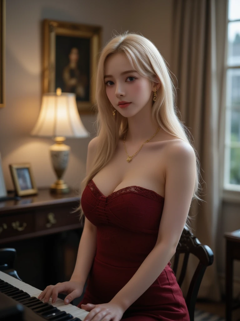 8k,shaggy blonde adult woman,So beautiful(Like the real thing), big smile, elegant, red dress, fascinating nobleman, silver element, long nails, Show your shoulders, hair style, Beautiful facial expressions,blue eyes, crummy, i am proud, absurd, elegant 드레스, royalty, congrats, Halls decorated with flowers, cowboy shot, portrait, (best quality), (tabletop), (very detailed), masterpiece,best quality photorealistic RAW photos。backlight, Cinema Lighting, film grain, born, 50mm lens, Nikon D850,Surreal skin,fantasy art,character art,ultra high resolution,slim, ilium,perfect hands,compensate,Bust shot close-up,dynamic pose,