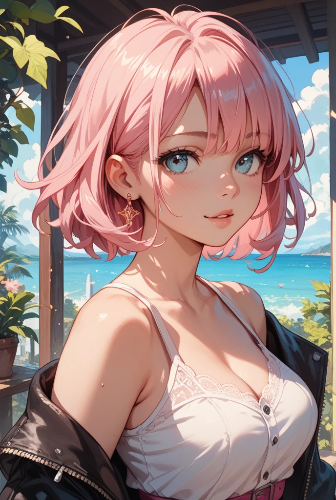 (Masterpiece, BestQuality:1.3), (ultra detailed:1.2), (hyperrealistic:1.3), (RAW photo:1.2), High detail RAW color photo, professional photograph, (Photorealistic:1.4), (realistic:1.4), professional lighting, perfect anatomy, (Big Breasts:1.2), (blush, detailed face), (cheerful Smile:1.5), Trending Hair&Trending Hairカラーをランダムに, earrings, necklace, bracelet, sexy, erotic sexy, Random sexy gravure poses, (A beautiful pink-haired woman wearing a white tank top and short denim pants、Smiling and posing sexy on the beach in spring。:1.3)