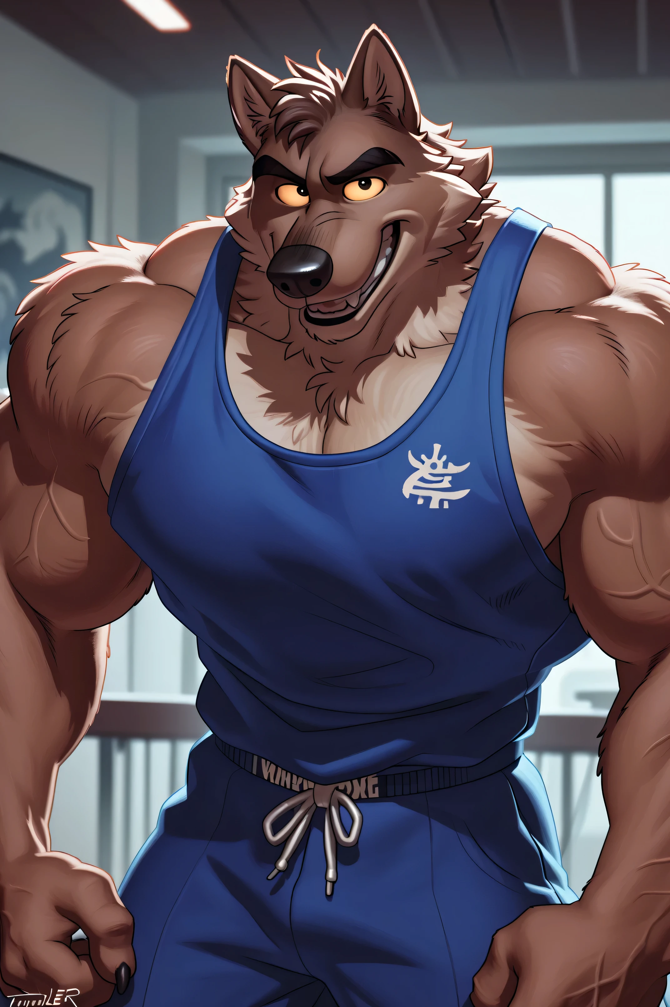 Mr Wolf, bg, 4k, high resolution, best quality, detailed, posted on e621, solo, anthro body, masculine, male, (very muscular, defined muscles):1, simple background, correct anatomy, (detailed eyes:1.1), sexy, (cel shaded, cartoony shading, strong shadows, dramatic lighting):1.3, confident, (by wfa, by takemoto arashi, by meesh, by Taran Fiddler), strong, (half body, upper body), bare chest,