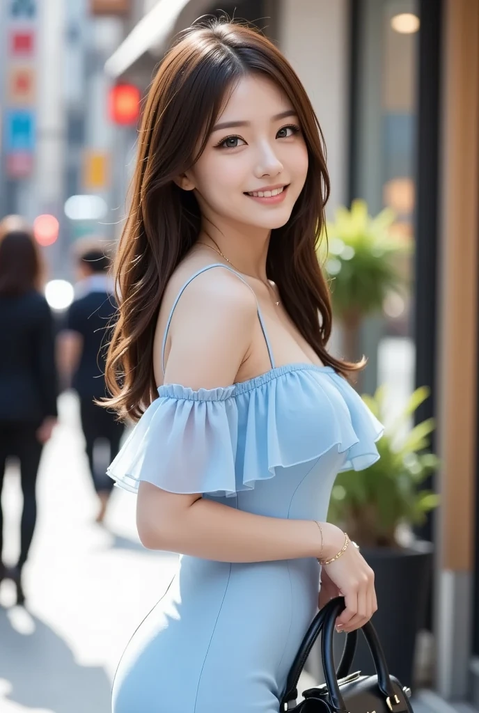 8K, Ultra-high resolution, Highest quality, masterpiece, 三分割法によるphotograph,Surreal, photograph, 1 Girl, (16 years old:1.3), pretty girl, Cute face, 細部までbeautiful目, 細かくdetailedに,masterpiece,, One Girl:1.2, Japan Female Announcer, whole body,Anime girl with long hair and black eyes standing on a city street, ArtStation Pixivでトレンド, Purple eyes, Blue tie, beautiful (Fine grain, detailedな顔,) Ahegao, Euradev, Noble Temperament, High heels, No watermark.Beautiful leg line beauty,Full of sex appeal,Sensual,A carefree smile,Heal the heart、beauty,Long neck、Laugh a little、Please close your mouth and laugh、(((Ideal body type))),A cup small breasts :2,、Portraiture:2、Perfect Anatomy、鮮明なdetailed、detailed、Surreal、Light and shadow,Strong light