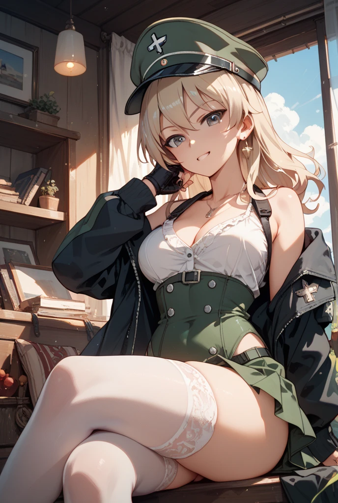 masterpiece, highest quality, Very detailed, 16k, Ultra-high resolution, Cowboy Shot, 12 year old girl, Detailed face, Perfect Fingers, Golden Eyes, blonde, Braiding, A vest with lots of pockets, White panties, Explorer knife, Safari Hat, azimuth magnetic needle, telescope, map, A room with lots of cluttered items, Lie on your back