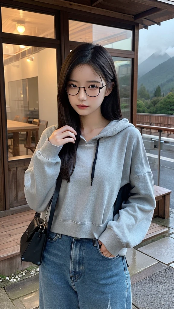 ((Highest quality、8ก、Masterpiece:1.3))、Beautiful woman with a perfect figure:1.4、(long brown hair、small tits:1.3)、Casual wear、on the road、Highly detailed facial and skin textures、Detailed eyes、Double eyelids、smile:1.5、Whole Esbian、glasses