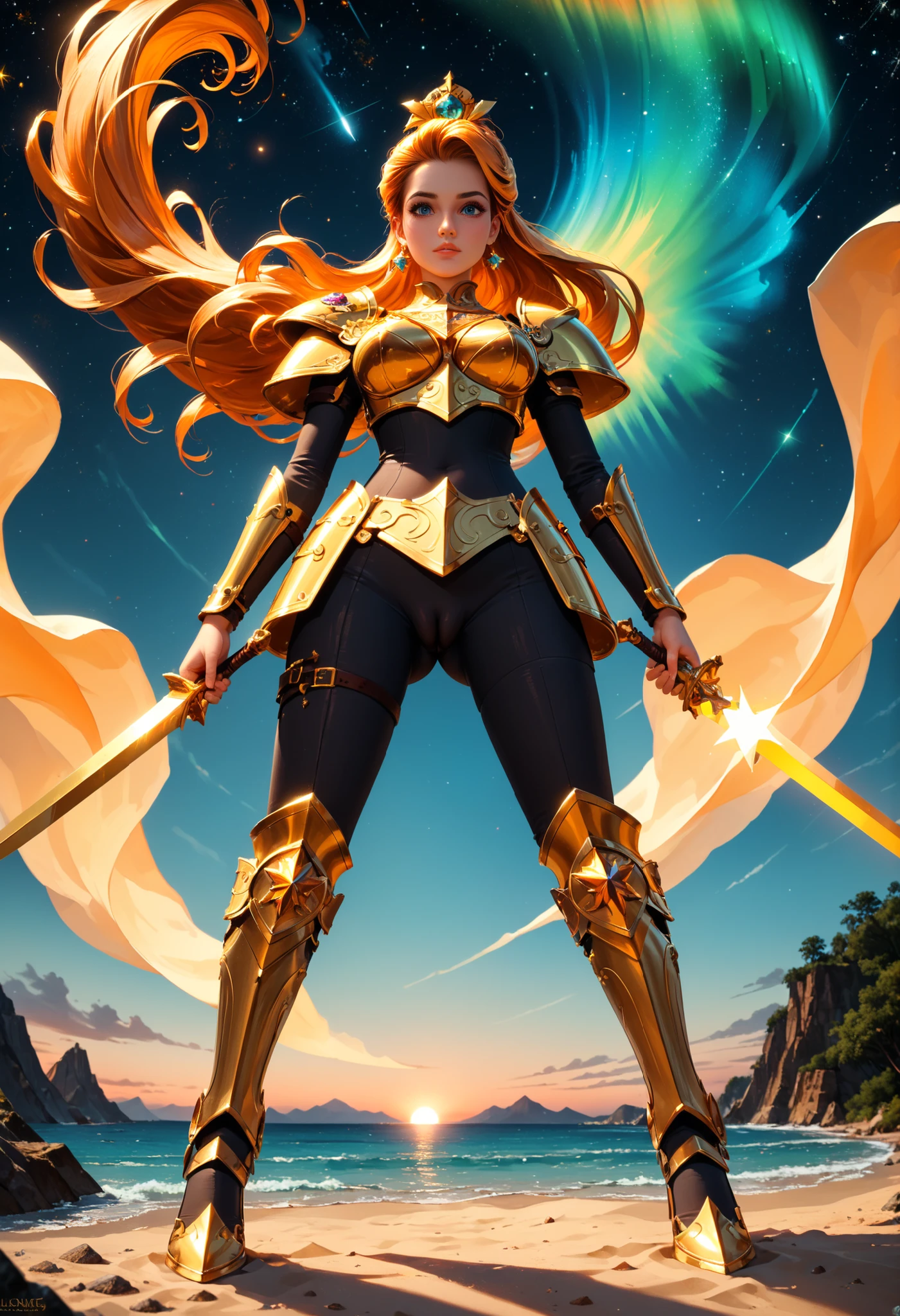 ((best quality)), ((masterpiece)), (ultra detailed lights), ((full body shot)), ((skinny body)), indonesian girl, extremely beautiful, ((slim body)), thighs gap, ultra face details, 20 years old, ((orange curvy-hair)), ((hair blown by strong winds :1.3)), Award-winning photograph, ((symmetrical pose)), goddess with (golden sword) in ((full body golden black armor)) are in the middle of battlefield, posing in the middle, intricate details, ((thight golden armour)), ((extremely details armor)), ((24k-gold armor)), ((edge luminous armor)), cameltoe, luminescent, epic lights reflections, she is posing with ((Athena's golden bow)), at beach, full of stars, orange clouds, nebula sky, epic aurora borealis in the background, shooting stars, ((from below))