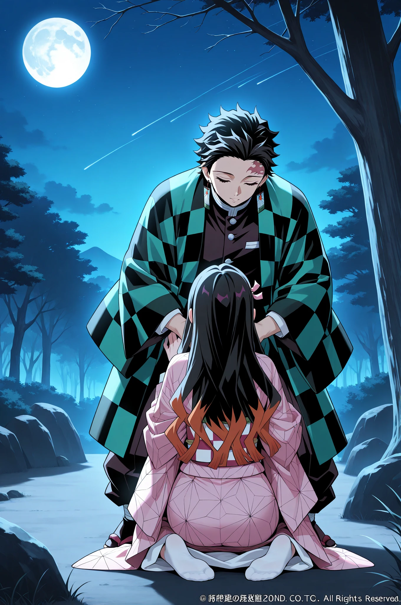 Ultra detailed, high resolution, absurd, HDR, masterpiece, anime girl and boy, beautiful woman (with long white hair with deep red streaks, woman (with yellow eyes), the woman (is wearing a red haori), in black demon slayer corps uniform, Kimetsu No Yaiba, fantasy, handsome, Tomioka Giyu, Hashira, Tomioka is serious, couple, night, forest, best quality, extremely detailed face, anime, the girl is really hurt, the girl is covered in blood , Tomioka is a strong man , Tomioka is trying to protect the girl, full body