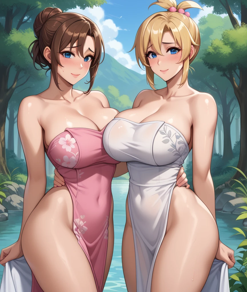 Two completely naked women putting their breasts together
