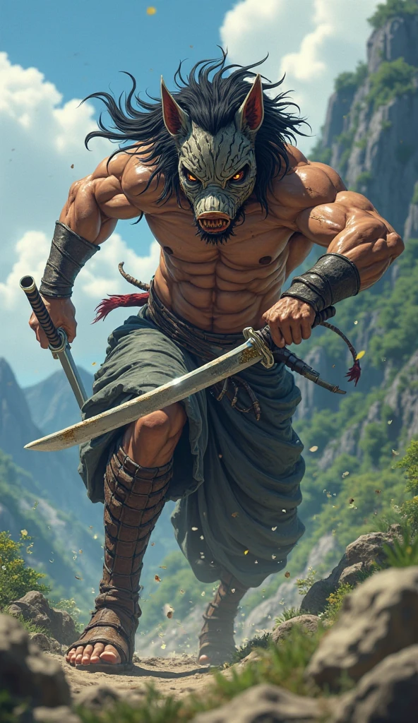 handsome Hindi young man fight using a knife with a huge cobra snake, long hair, 1 pony tail, no shirt, action, (Mowgli style), cinematic, dark, full body,