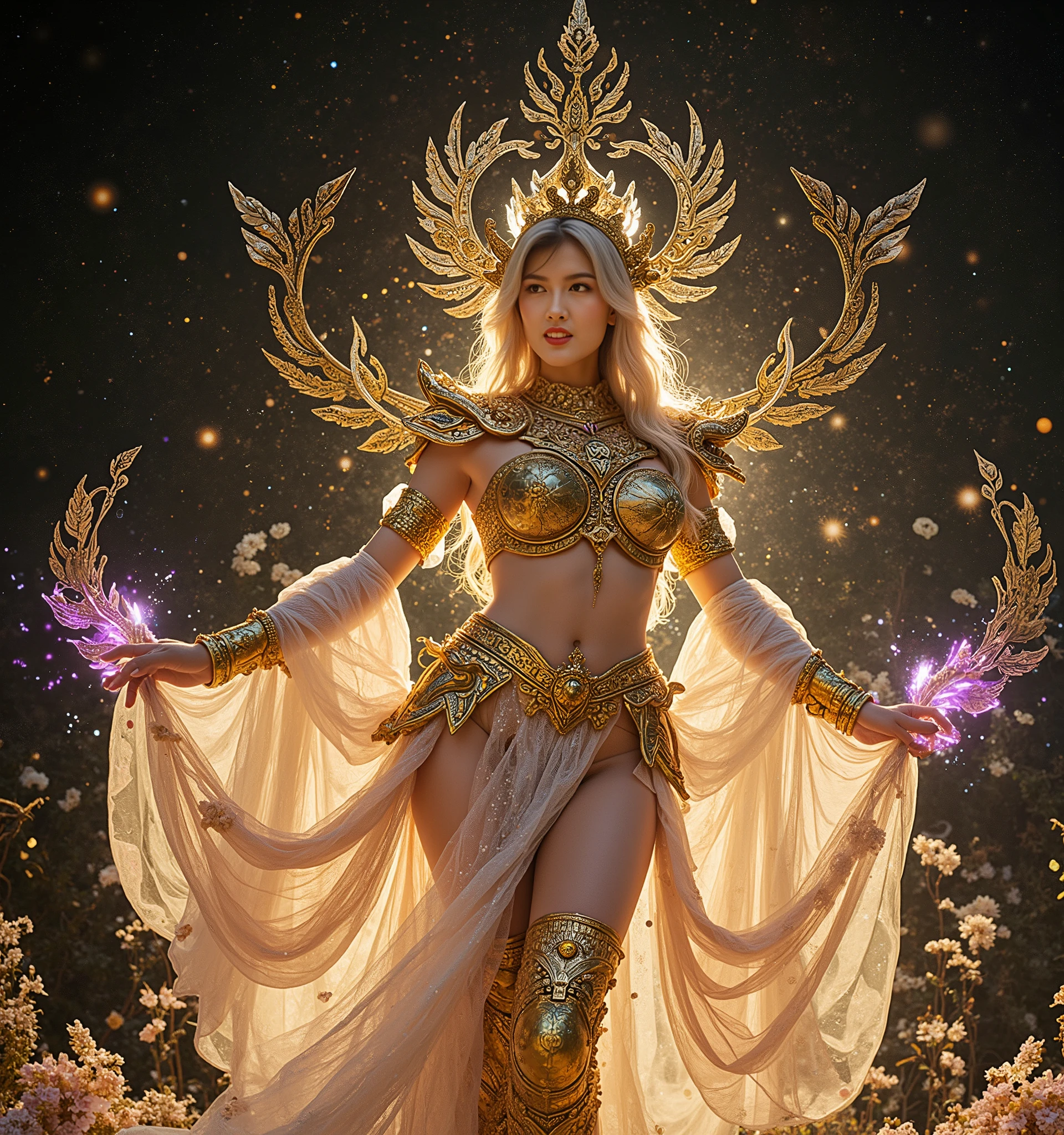 Nude Sun Goddess,Epic composition, golden Lights, photo, photography, extreme details, highly detailed, 8k, intricate, elegant, fantasy, cinematic lighting, whimsical, fantasy, photographic, realism pushed to extreme, fine texture, photo realistic, Fuji film XT3, Ultra Realistic, High quality, Highly detailed, trending on art station, intricate detailed background