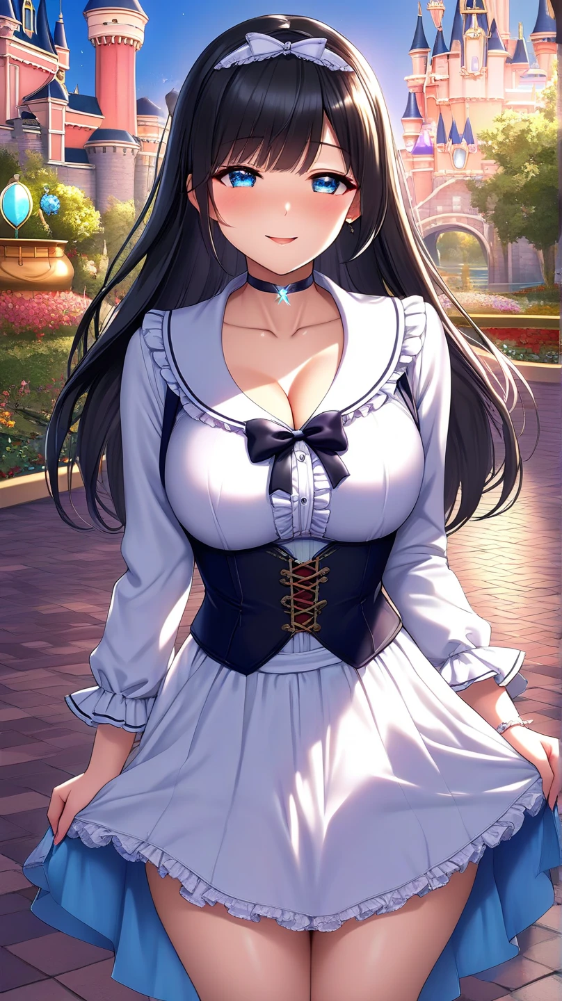 ,seductive Anime Girls, beautiful alluring Anime Women, Beautiful and attractive anime teen, beautiful Anime Women, attractive Anime Girls, beautiful Anime Girls, Smooth anime CG art, (Anime Girls), Long Hair, Anime Girls, Anime Women, Highly detailed art gems、White lace sleeveless、Sheer white mini skirt、Perfect clothing for the skin、Thighs、Large Breasts、Ample breasts、Deep cleavage、Embarrassed、smile、On the grass in the park、Black Hair、はだけたThighs、Transparency、Transparent service、clavicle、female knight、No Armor、Model standing