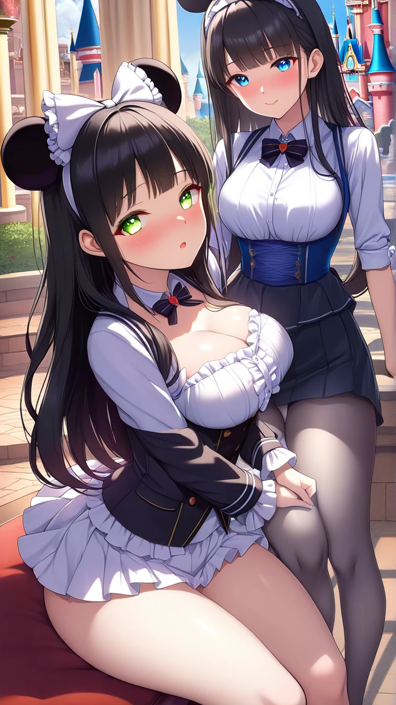 Two anime women of the same height kissing indoors, NSFW, Surreal 18-year-old beautiful girl, Anime 18 Year Old Beautiful Girl, Seductive Anime Girl, Kissing, Smooth Anime CG Art, ((Girl with black hair, Girl with Twin Tails, Cropped bangs, emerald eyes, Wear black knee socks, White lace pants)), nudde, Blushing, seducing smile, oppai, small curvy loli, [ 4 k digital art ]!!, ((with very massive breasts))