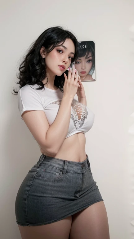 A very attractive 15-year-old girl, with facial symmetry, has a perfect and healthy female figure, a slim physical build. Her skin is clear and smooth, without imperfections, she has large and firm breasts, she is a professional seductress, she stands with her legs open. The girl is wearing a very short dress typical of the 80s, a denim microskirt characterized by vibrant colors, a blouse very low-cut with striking prints and tight shapes that emphasize the female figure, very daring clothing typical of exhibitionism, the clothing includes influences from punk, new wave and pop culture fashion in general, it is in a nightclub where individual expression is a through fashion and music, 18+, uncensored, (all realistic intricate details)