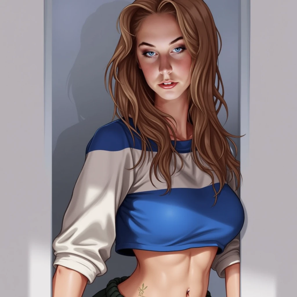 Character style illustration style Completely bare breasts showing small fear Breast size Cartoon name: Isabella Cruz white background medium breasts freckled face Hermione Granger actress strong contours Physical description - long straight hair, tingidos de um marrom vibrante que contrasta com sua pele clara. - You reflect a mix of curiosity and determination. - Ela tem uma estatura alta, with a slender and agile figure, evidenciando sua agilidade e destreza. -fundo colorido Design de personagens de retrato, beautiful digital illustration, retrato de alta qualidade, Arte em quadrinhos, Corpo inteiro sensualizando ou pelada. folha de retorno. return sheet member clothes of the day hell day expression love using sanserina and Harry Potter clothes