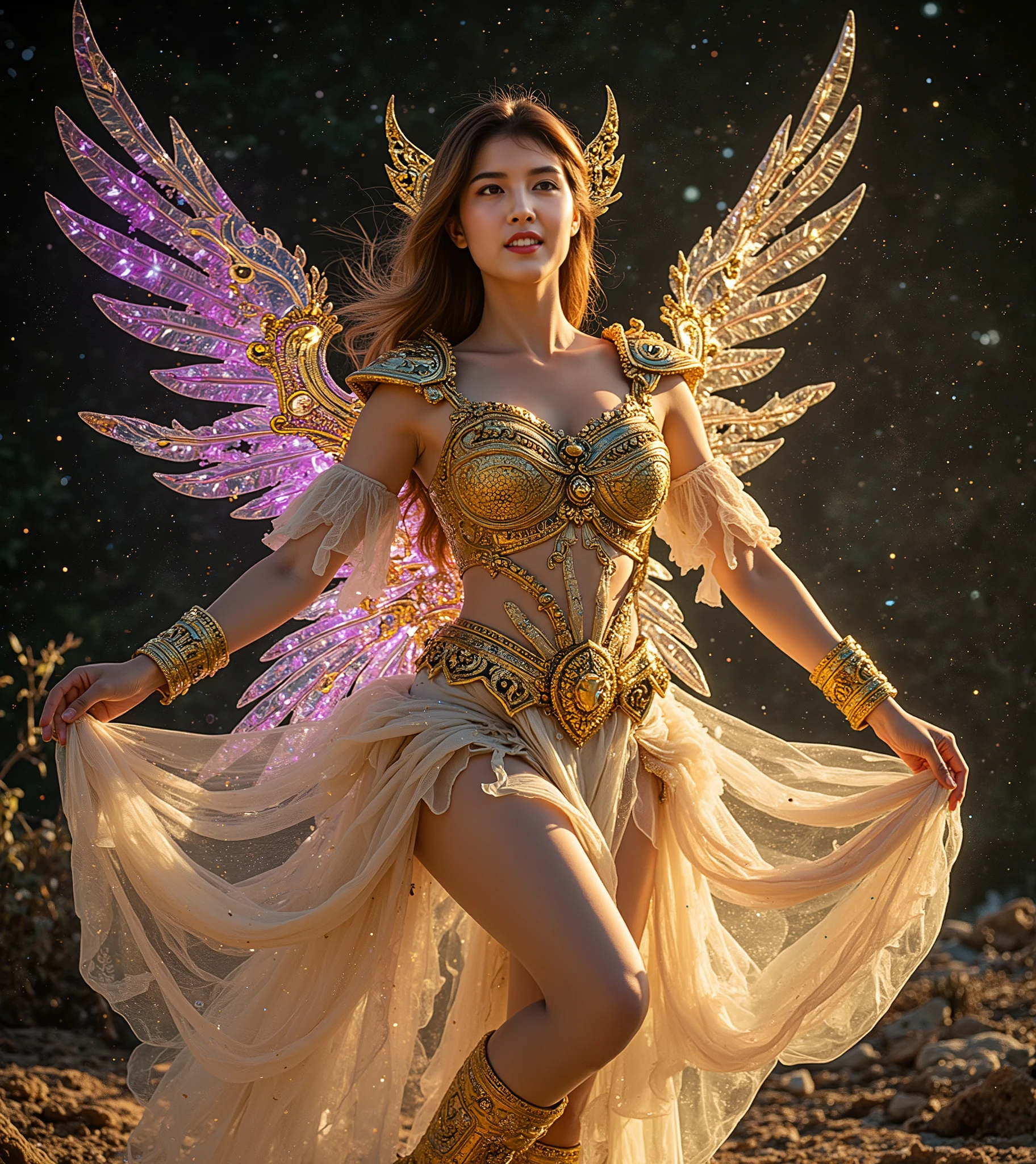 Indonesia cute teen girls, short dress in white and gold,with wings and a sword, wearing(dark) hijab,showing big breast,((take Sword)), (wearing gold wing crown), ((Wing-shaped gold ornament on the head)), ornate cosplay, as a mystical valkyrie, anime cosplay, glamourous cosplay, with fiery golden wings, cosplay, professional cosplay, goddess of light, cosplayer, perfect makeup, perfect face, beautiful face, beautiful body, beautiful ass, closed legs, ((castle background)), (flying body:1.0), (jewels:1.2), (Emitting light), (flying flowers:1.0), above clear water, of heaven.