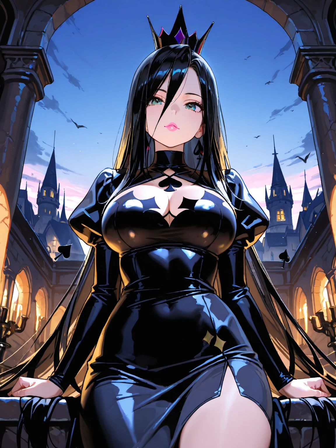 very detailed face, detailed clothing, detailed fabric, 1 woman, perfectly drawn body, huge breasts, sexy pose, beautiful face, long black hair, blue eyes, very detailed eyes, pink cheeks, shy expression, (Shiny black tight bodysuit), black gloves, gloves covering hands, Sensual lips , dinner de invierno, Show details at a glance, View from the front, looking at viewer, dark road, Dark Forest, dinner, atmosphere, Fog