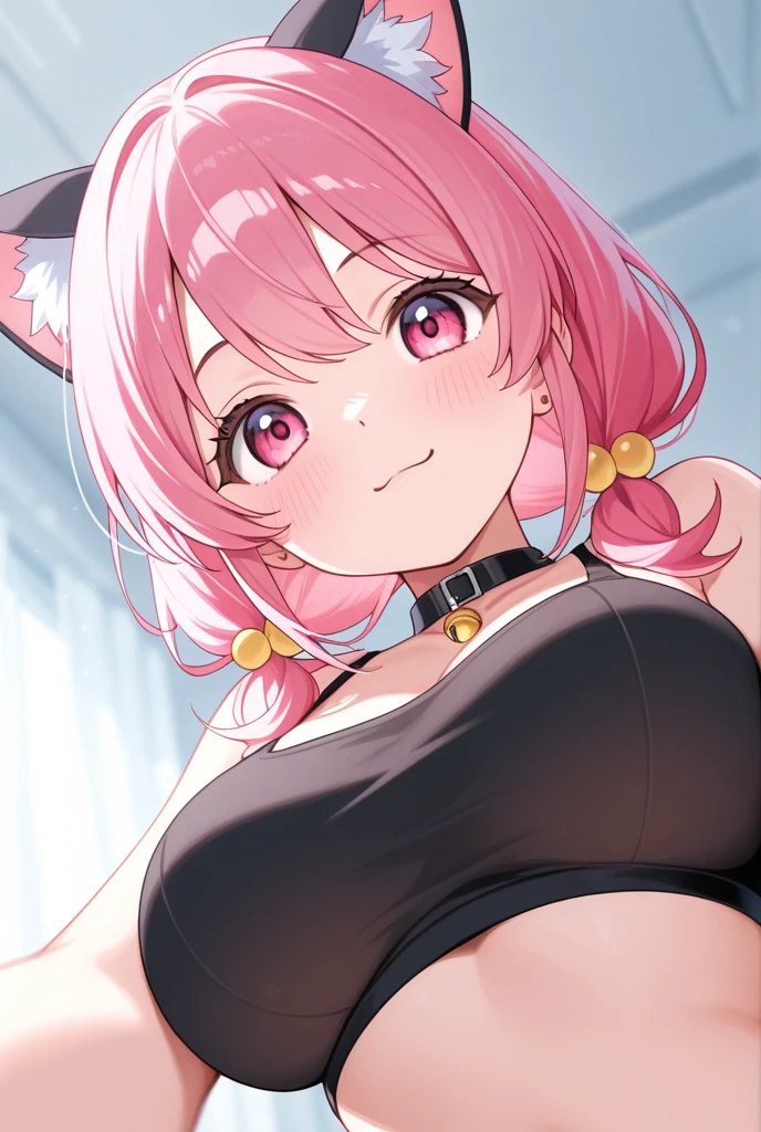<lora:Yumemi_RiamuV3:0.8>, YumemiRiamu, 1girl, yumemi riamu, solo, breasts, pink hair, virgin killer sweater, large breasts, ahoge, black fake_animal_ears looking at viewer