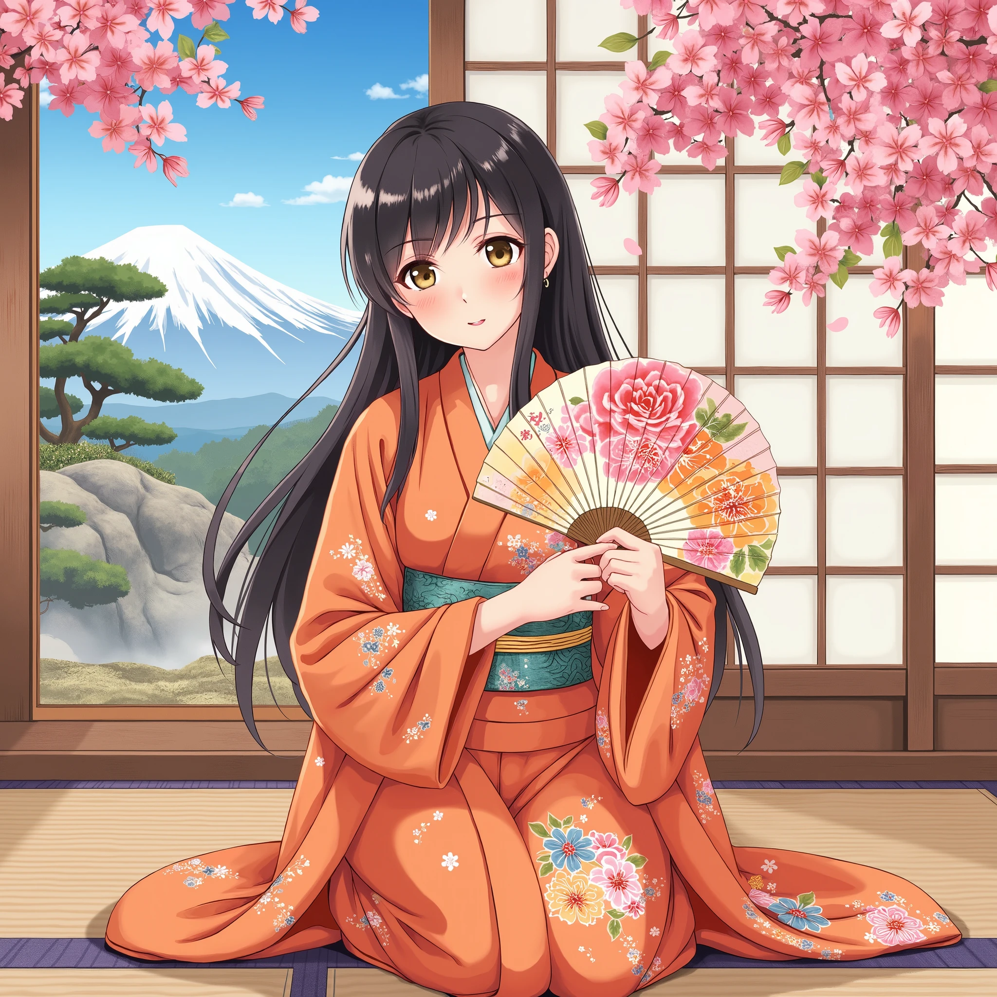 illustrations、anime、A beautiful fifteen-year-old woman is sitting、 orange kimono、Japanese Women、Japanese-style room、pine tree、Mt. Fuji、 beautiful flowers 、floral fan、breasts are big、