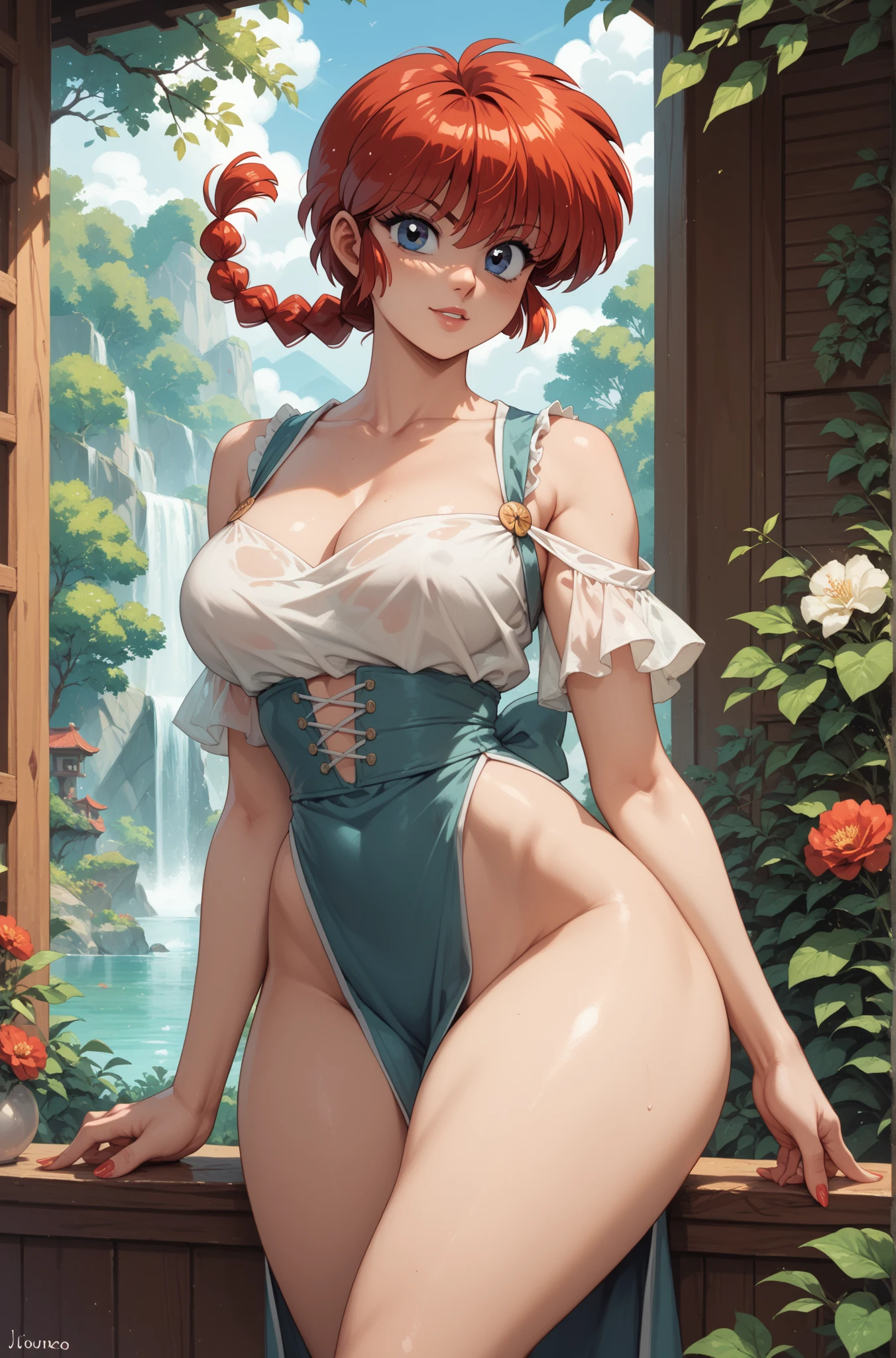 1 girl, (Masterpiece), (best anatomy), highres, ultra-detailed, dynamic lighting, dynamic colors, best background, best pose, (fantasy/medieval setting), beautiful, hot, (), smooth skin, shiny skin, girl, adullf, small eyes, short red hair, spiky hair, red eyes, shiny eyes, giant breasts, huge breasts, tall, huge ram horns, outside, (confident), (nude, naked), nipples, pussy, vagina,