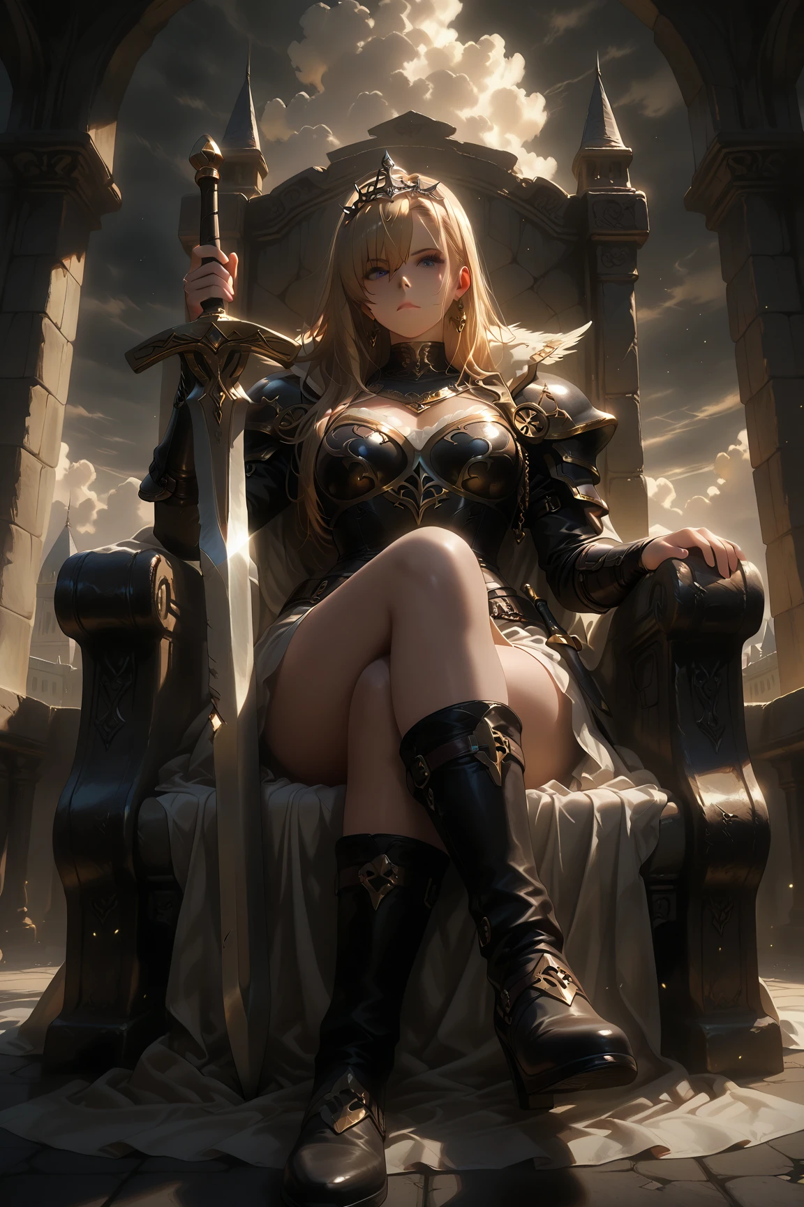 8K,Masterpiece,(female knight),whole body,Separate Steampunk Armor,Slender figure,Long Hair,Realistic, Sci-fi fantasy,female game character,Cleavage,(White panties),front,sit in a high-quality chair with a backrest,Open leg pose,