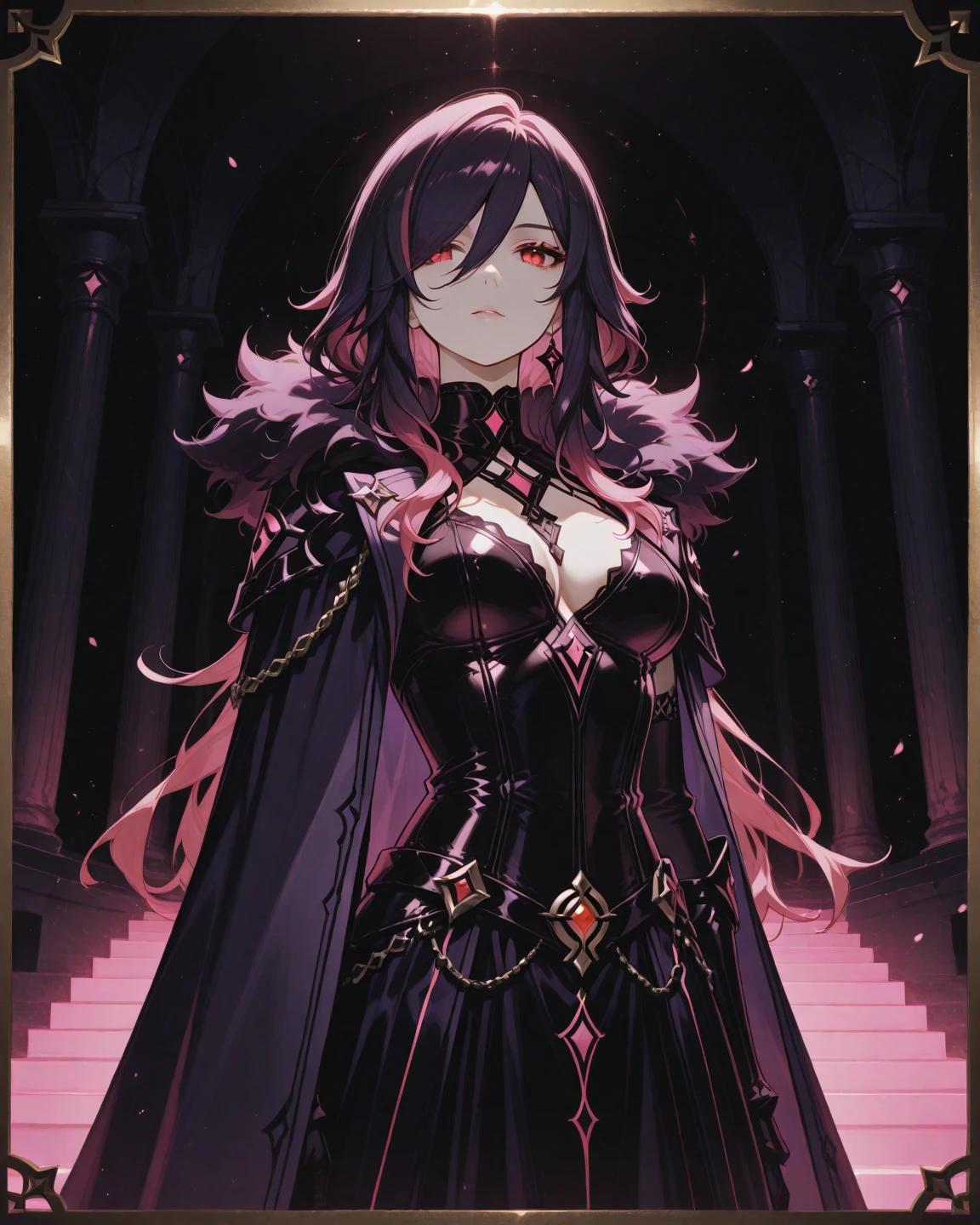 (masterpiece:1.3), (absurdres:1.3), (best quality:1.3), (ultra-detailed:1.3),(best shadow:0.7), (handled hair), (sharp eyeliner, eyeshadow, detailed eyes:1.1), perfect anatomy, BREAK 1girl, solo, corruption, (military uniform, uniform) , red hair, asymmetrical bangs, long hair, floating hair, red eyes, glowing eyes, narrow waist, medium breasts, dark aura, closed mouth, evil smile, glossy, glitter, gold accessories, headdress, jewelry, medal, medallion, hair ornament, (black bodysuit, frilled dress, frills, black gloves, covered_shoulders), layered dress, highleg leotard, latex legwear, pubic_tattoo, tattoo, glowing_pubic_tattoo, black cloak, red cloak, choker, (red gem, yellow gem, purple gem, pink gem, red gem), thigh strap, all fours, leaning forward, upper body,
BREAK light particle, ice, crystal, stars, magic, casting spell, spell, fantasy, magic dust, summoning,