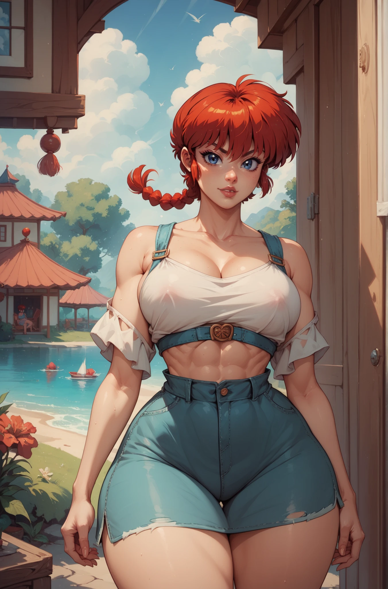 1 girl, beautiful, perfect lighting, muscular, thick thighs, mature woman, milf, navel, abdomen, looking at the viewer (masterpiece, high quality: 1.1), cowboy hat, freckles on body, barn, pale skin, red hair, braid, , short shorts, plaid shirt, skindentation, neckline, smile, thicc, cutesexyrobutts, cel-shaded art style, in fighter poses, highly detailed exquisite fanart, female protagonist 👀 :8,  commission for high resolution, fighter pose, full body commission for, high quality fanart, various pose, cushart kenz, king of fighters character, cammy poses of street fighter