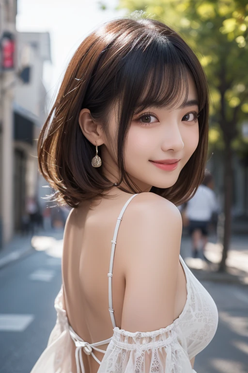 Woman standing upright facing the camera、Emphasize the cleavage、lightly dressed、exposed、thin white shirt、(highest quality,masterpiece:1.3,超A high resolution,),(super detailed,caustics),(Photoreal:1.4,RAW shooting,)ultra-realistic capture,very detailed,High definition 16K for human skin、 Natural skin texture、、Skin looks even-toned and healthy、 Use natural light and color,one woman,Japanese,,cute,Grey-haired,middle hair,(Depth of the bounds written、chromatic aberration、、wide range of lighting、natural shading、)、(outdoor lights at night:1.4)、(hair swaying in the wind:1)、short hair、hair ornaments、Put on your ears、casual hair