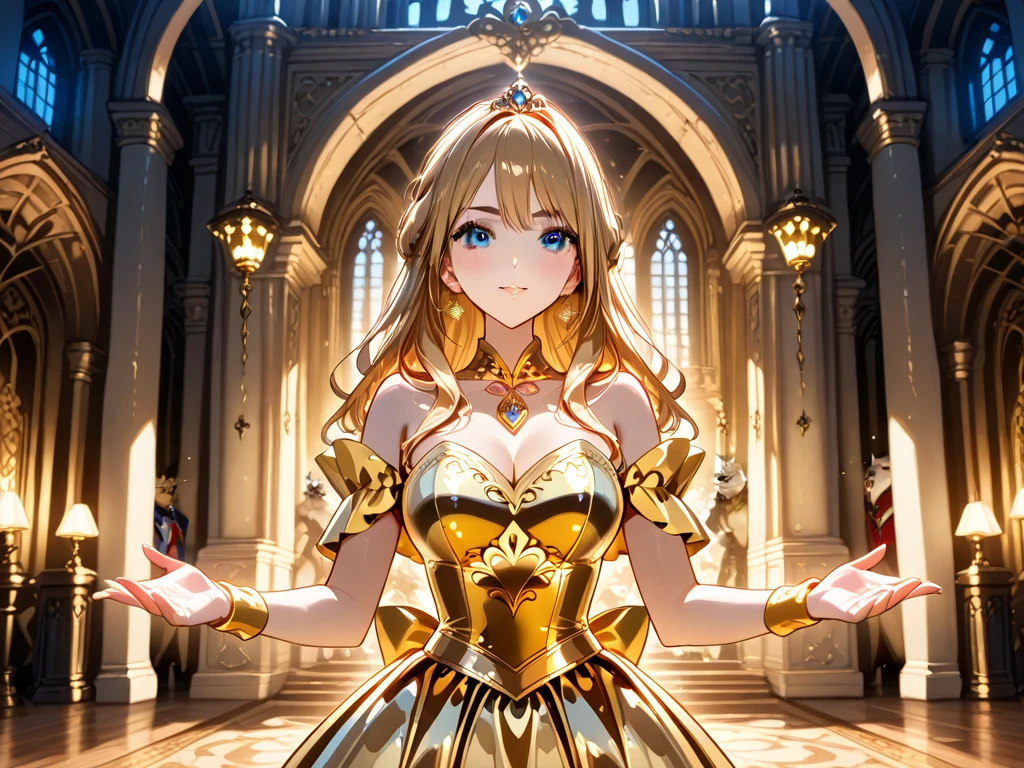 1girl,solo,(standard height),cowboy shot,standing,(blonde hair:1.2),short hair,(tiara:1.2),(blue eyes:1.2),(beautiful fingers:1.4),(perfect anatomy:1.4),(arms_behind_back:1.6),(cold_shoulder:1.2),BREAK,(gold leather lace glossy silk lamé leotard:1.6),(gold evening dress:1.4),(latex luster shiny glossy metallic:1.6),(shiny_clothes:1.6),medium breasts,beautiful breasts,(masterpiece),best quality,(Ultra high definition eyes:1.2),8k,(Beautiful detailed eyes:1.2),(Fine and beautiful eyes:1.2),(pretty eyes:1.2),finely detail,extremely CG, absurdres,high resolution,illustration,Detailed and beautiful outlines,finely detail,high resolution,(colorful refraction:1.4,Increase saturation:1.2),beautiful lighting,dynamic lighting,closed room,black background,simple background, smile,looking at viewer,animemia,gold glove,(gold thigh boost:1.4)
